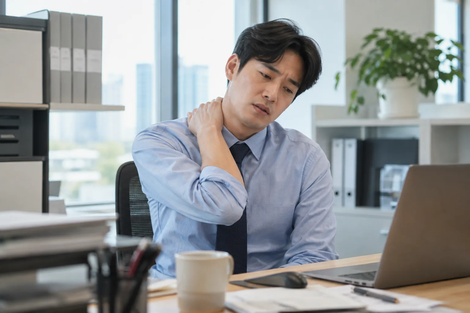어깨와 목이 뻣뻣한 모습