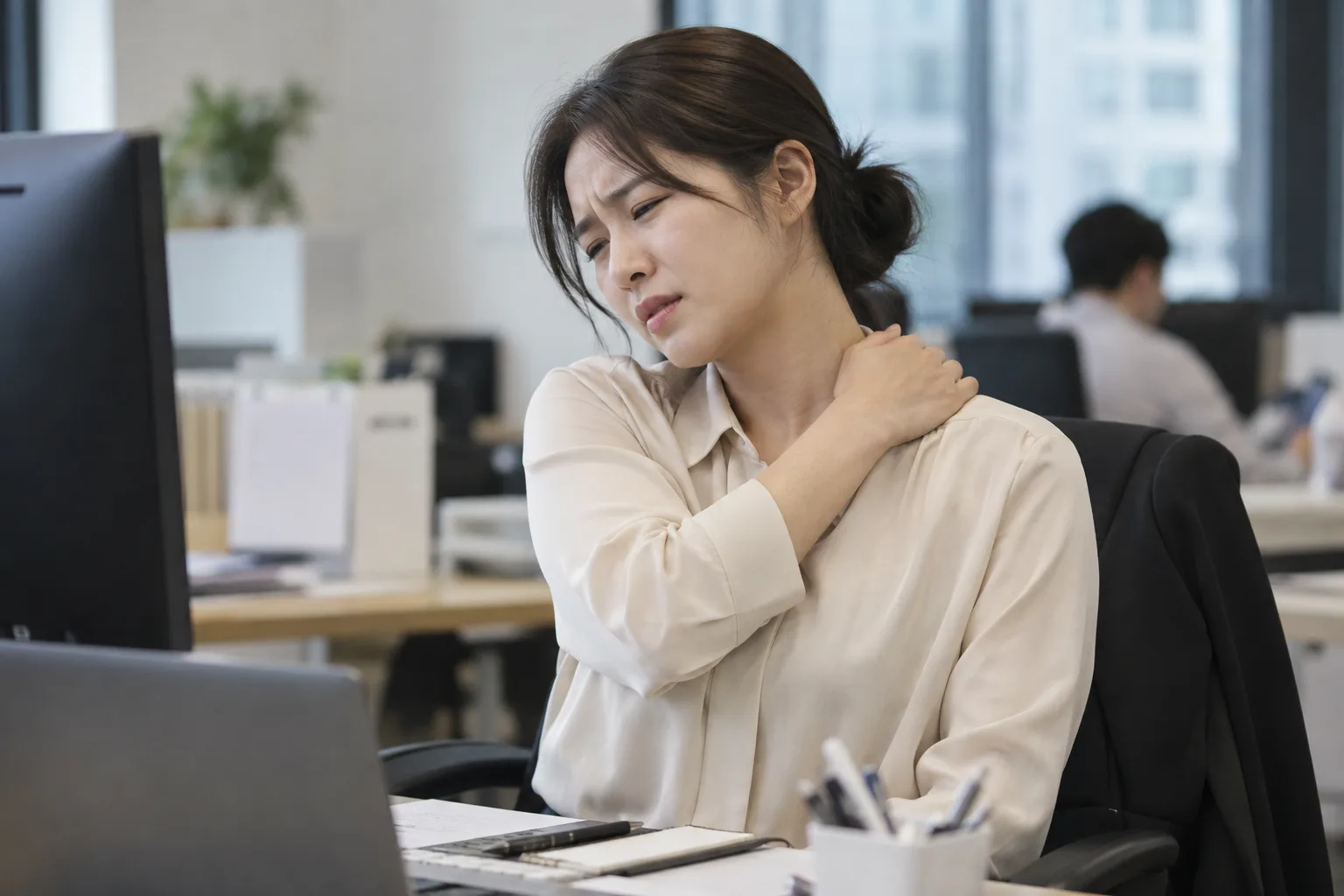뭉친 어깨 근육 통증을 느끼는 모습