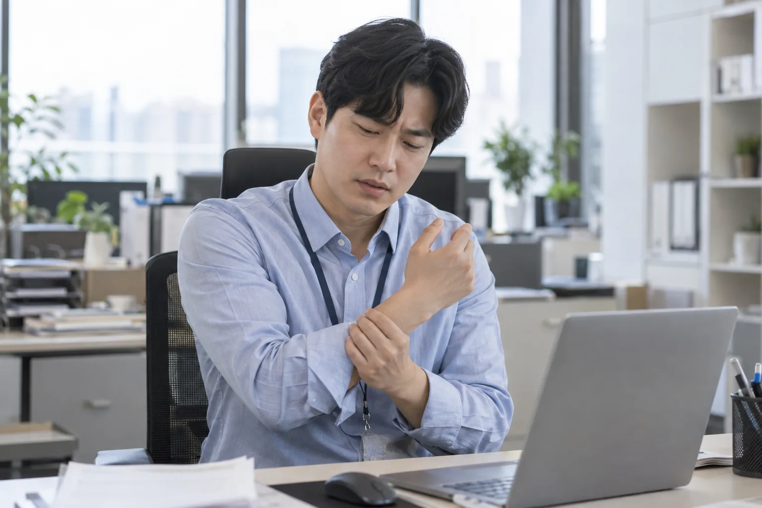 팔 저림을 느끼는 모습