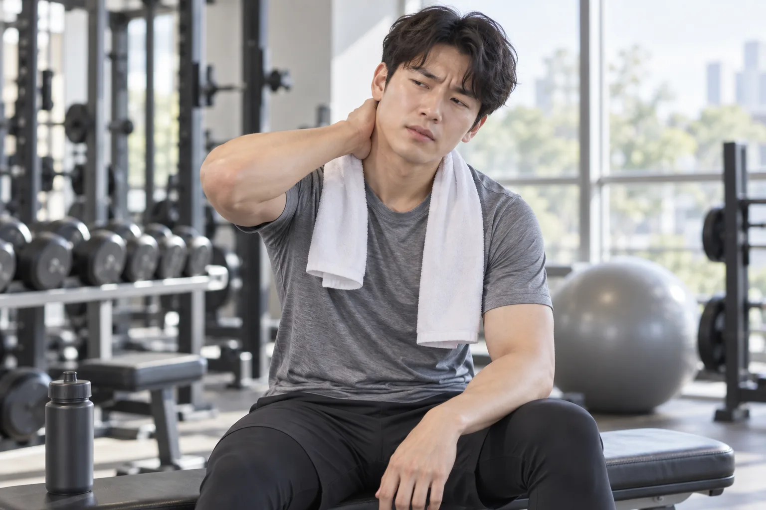 운동 후 목을 잡는 모습