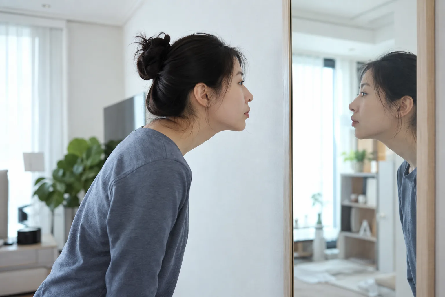 거울로 자신의 자세를 확인하는 모습