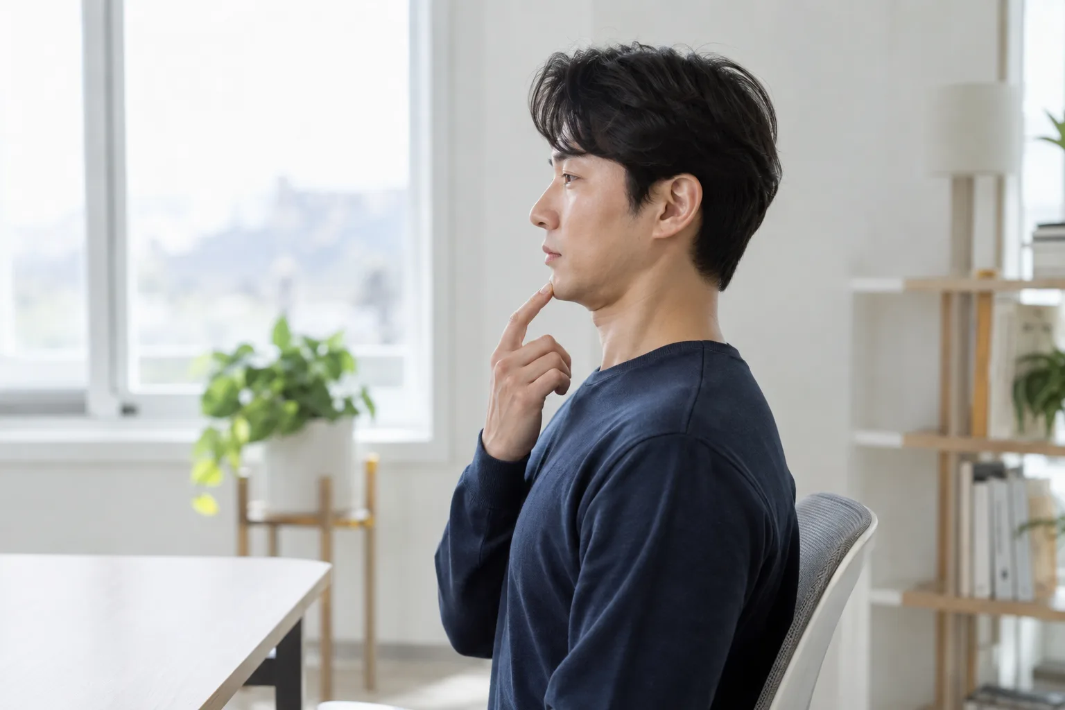턱 당기기 스트레칭을 하는 모습