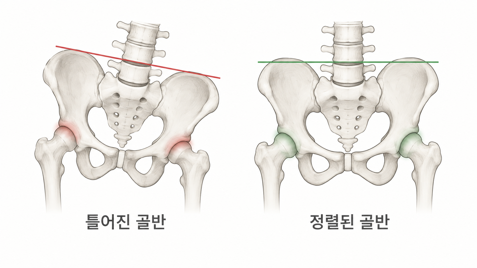 골반 정렬 전후 비교 개념도