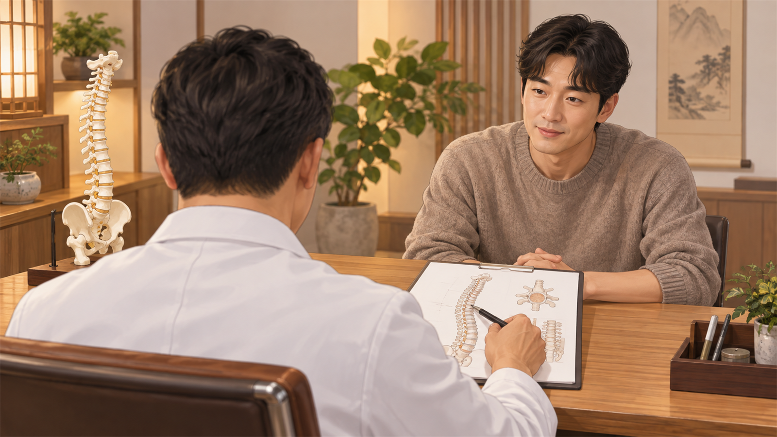 원장이 환자와 척추 상태를 확인하며 상담하는 모습