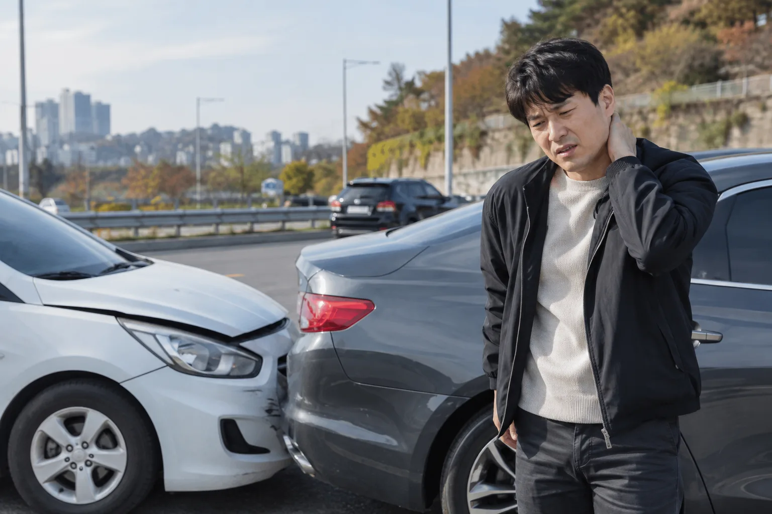 사고 직후 목을 감싸는 운전자