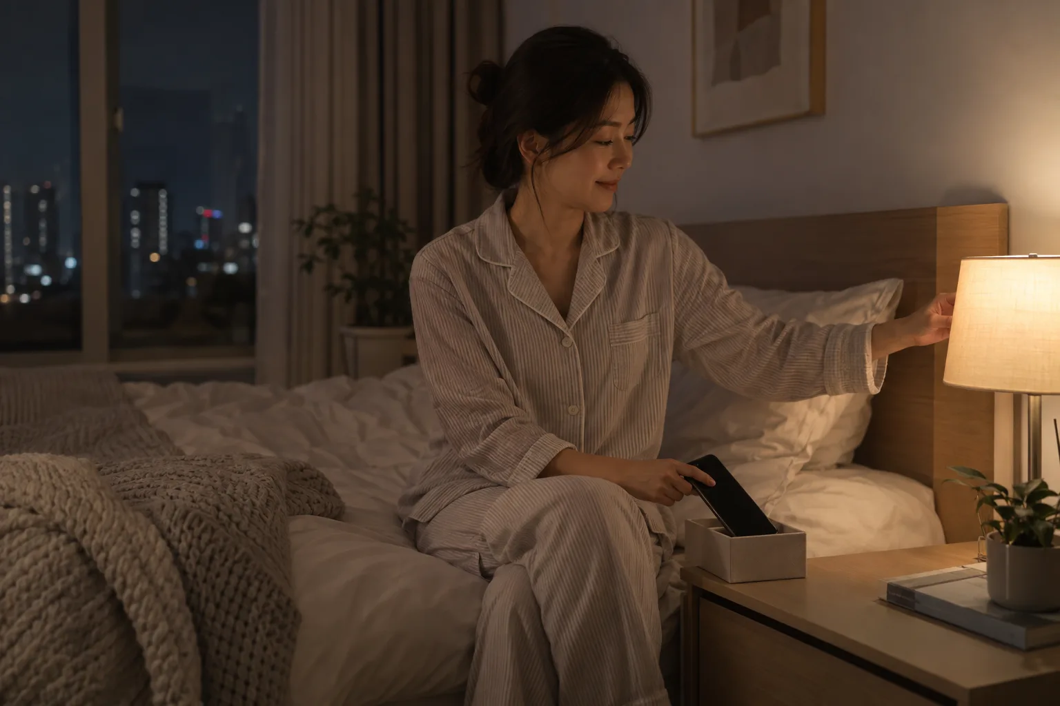 잠들기 전 조명을 낮추는 모습