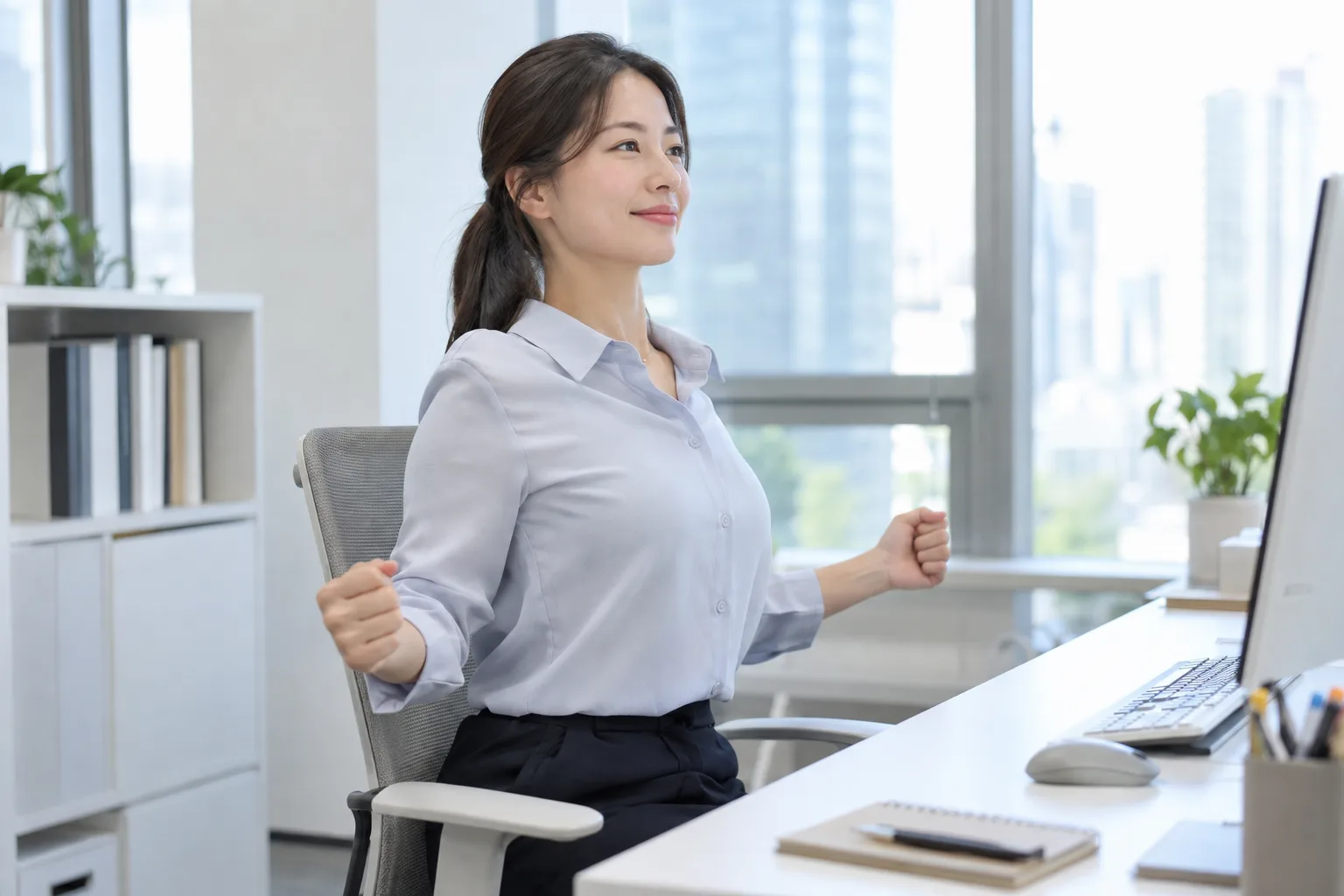 날개뼈 모으기 스트레칭을 하는 모습