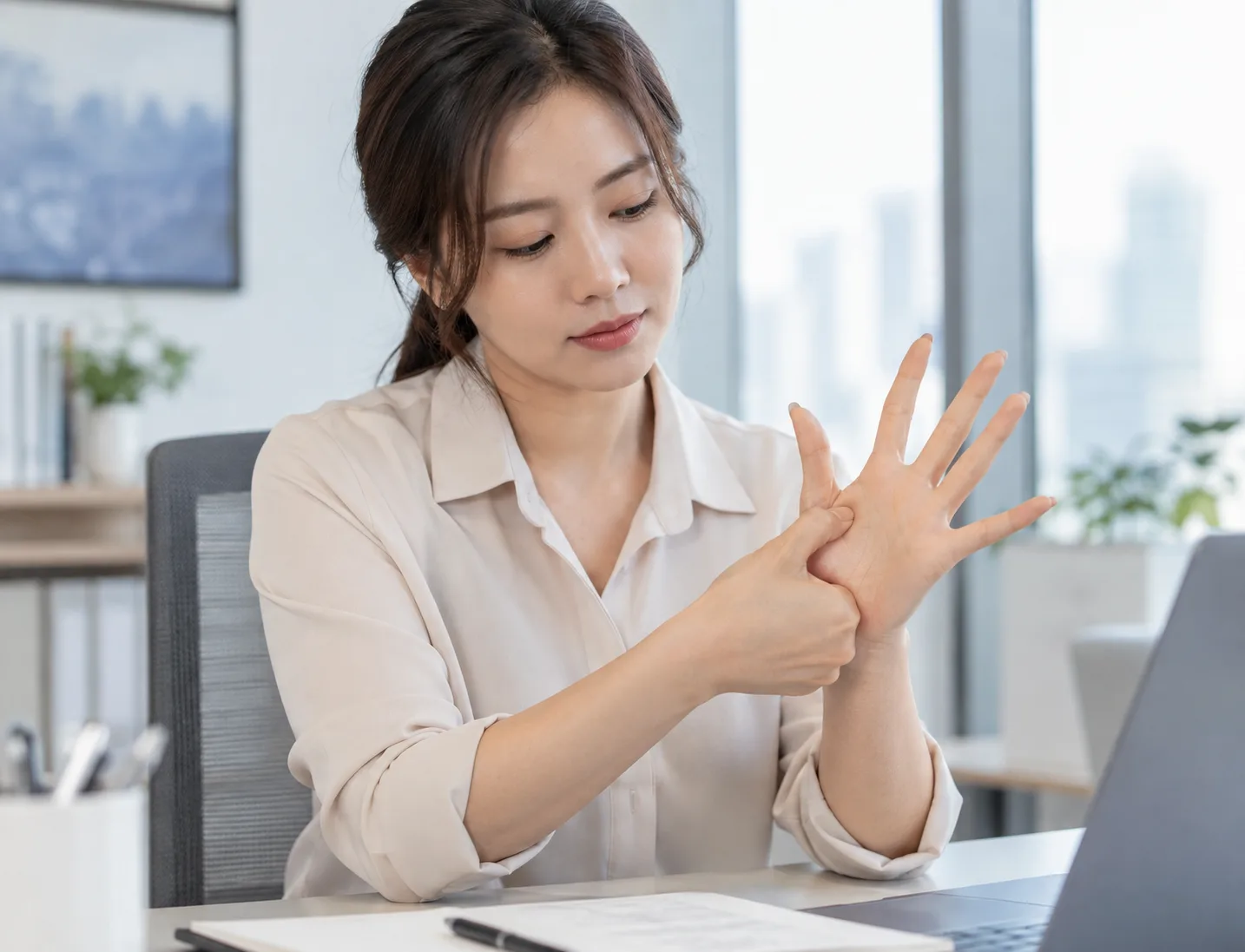 합곡 지압점을 누르는 모습