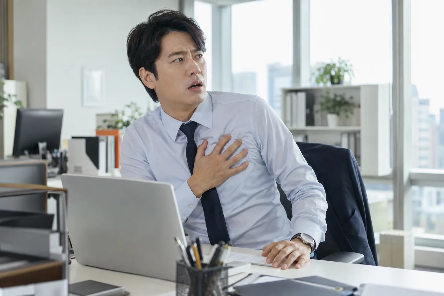 갑작스러운 두근거림을 느끼는 직장인의 모습
