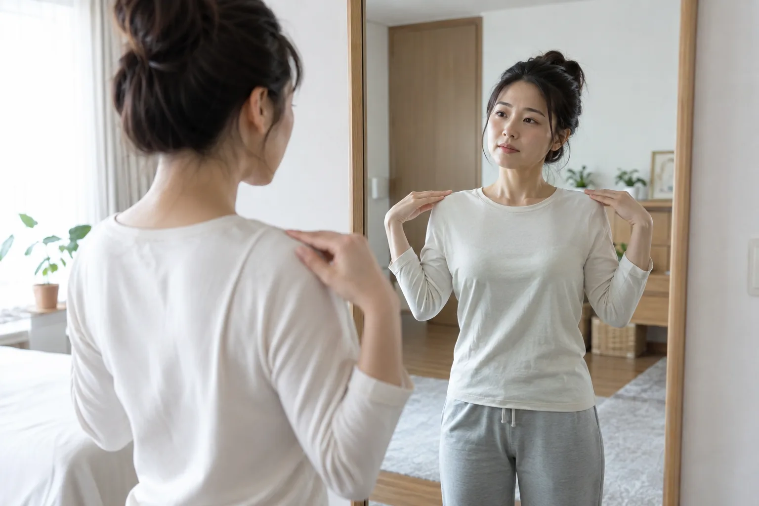 거울 앞 어깨 높이 확인