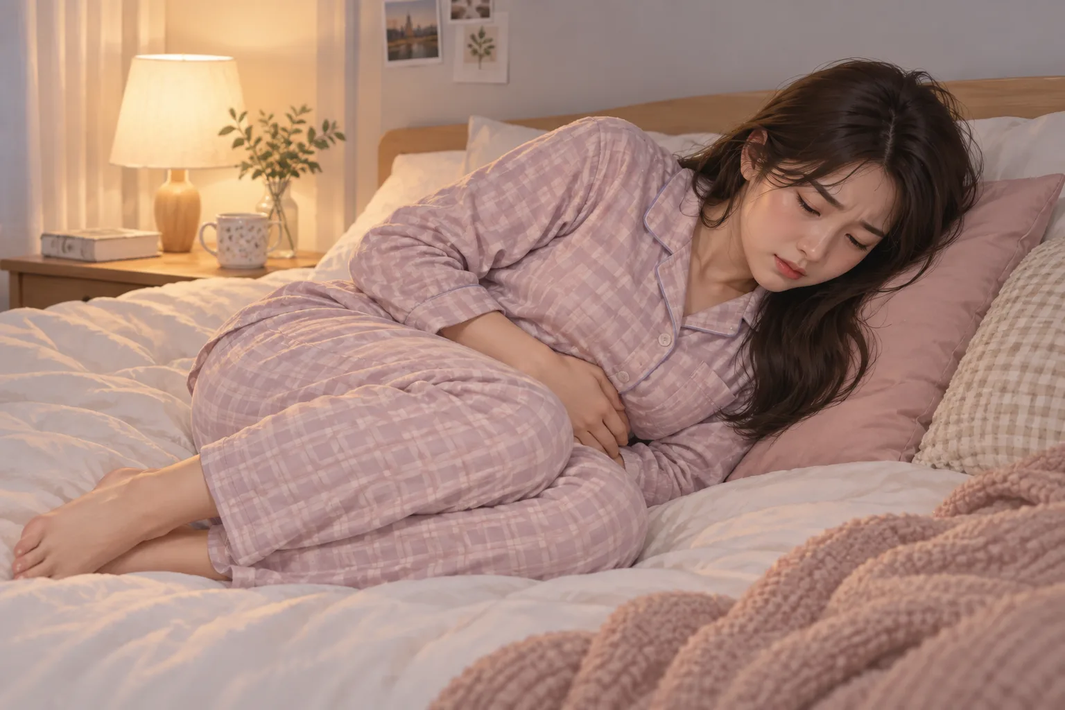 생리통으로 힘들어하는 여성