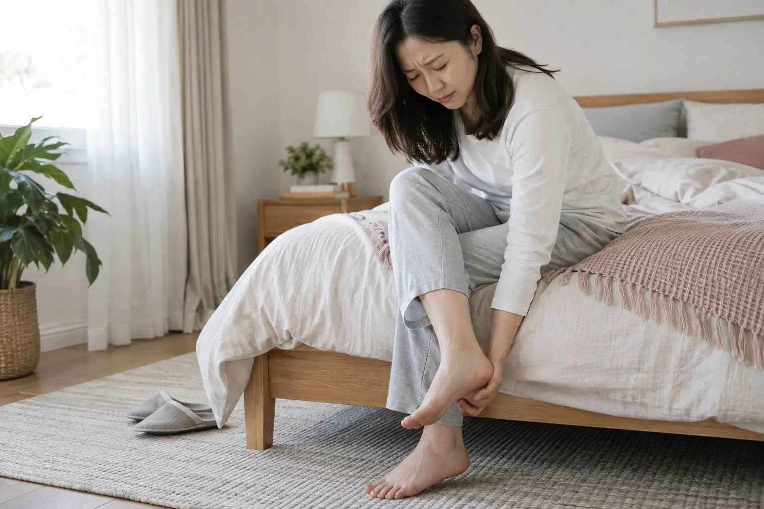 아침에 발뒤꿈치 통증을 느끼는 모습