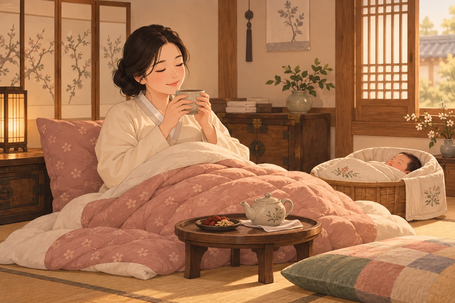 정자동 경희미르애한의원 산후풍 - 따뜻한 방에서 몸조리하며 한방차를 마시는 산모