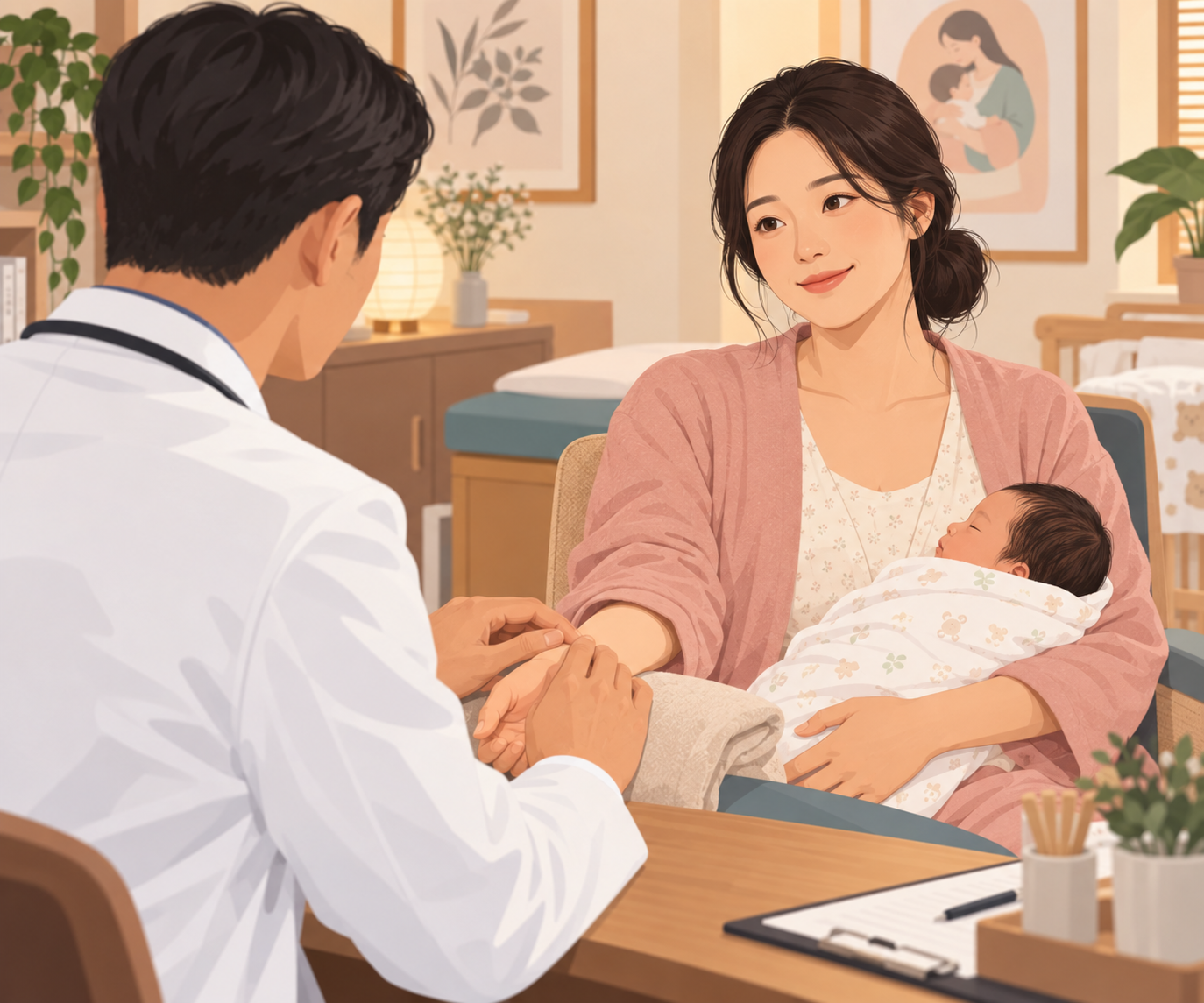 정자동 경희미르애한의원 산후풍 - 원장님과 마주 앉아 편안하게 상담하는 산모의 모습