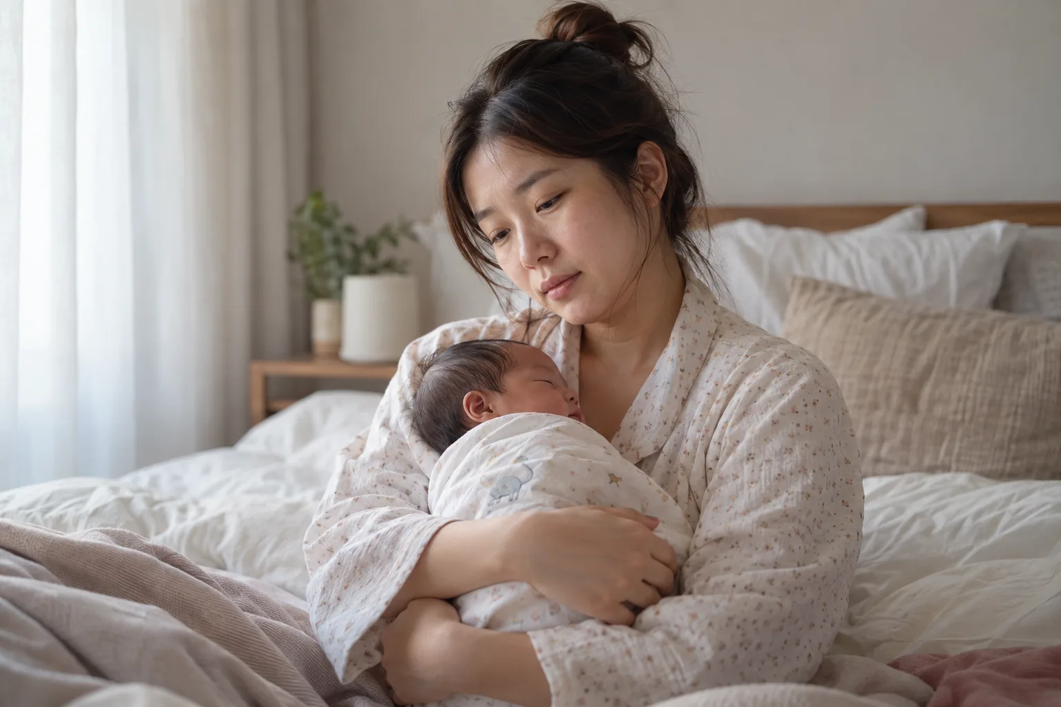 신생아와 있는 지친 산모