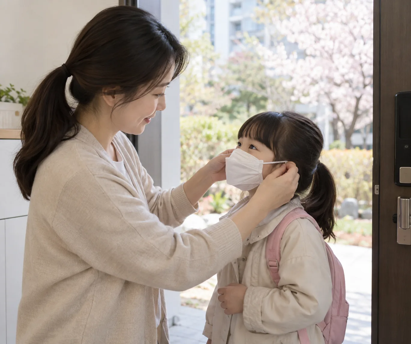 외출 전 마스크를 씌워주는 모습