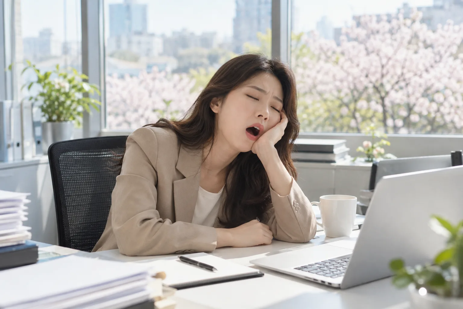 낮에 졸음을 참는 직장인의 모습