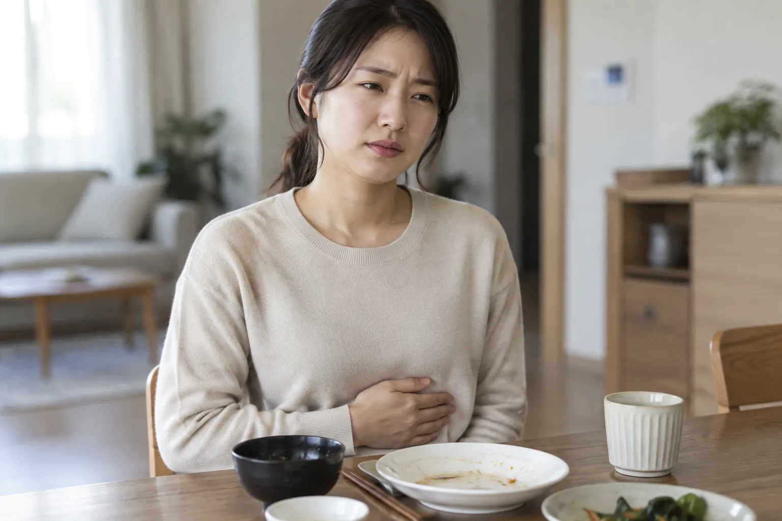 배를 움켜쥐며 답답해하는 모습