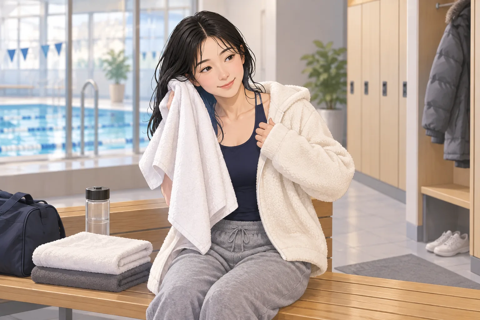 수영 후 몸을 말리는 모습