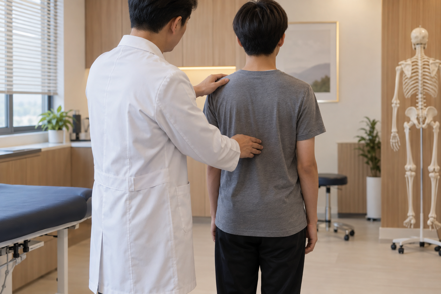 한의사가 청소년 환자의 체형을 검사하는 모습