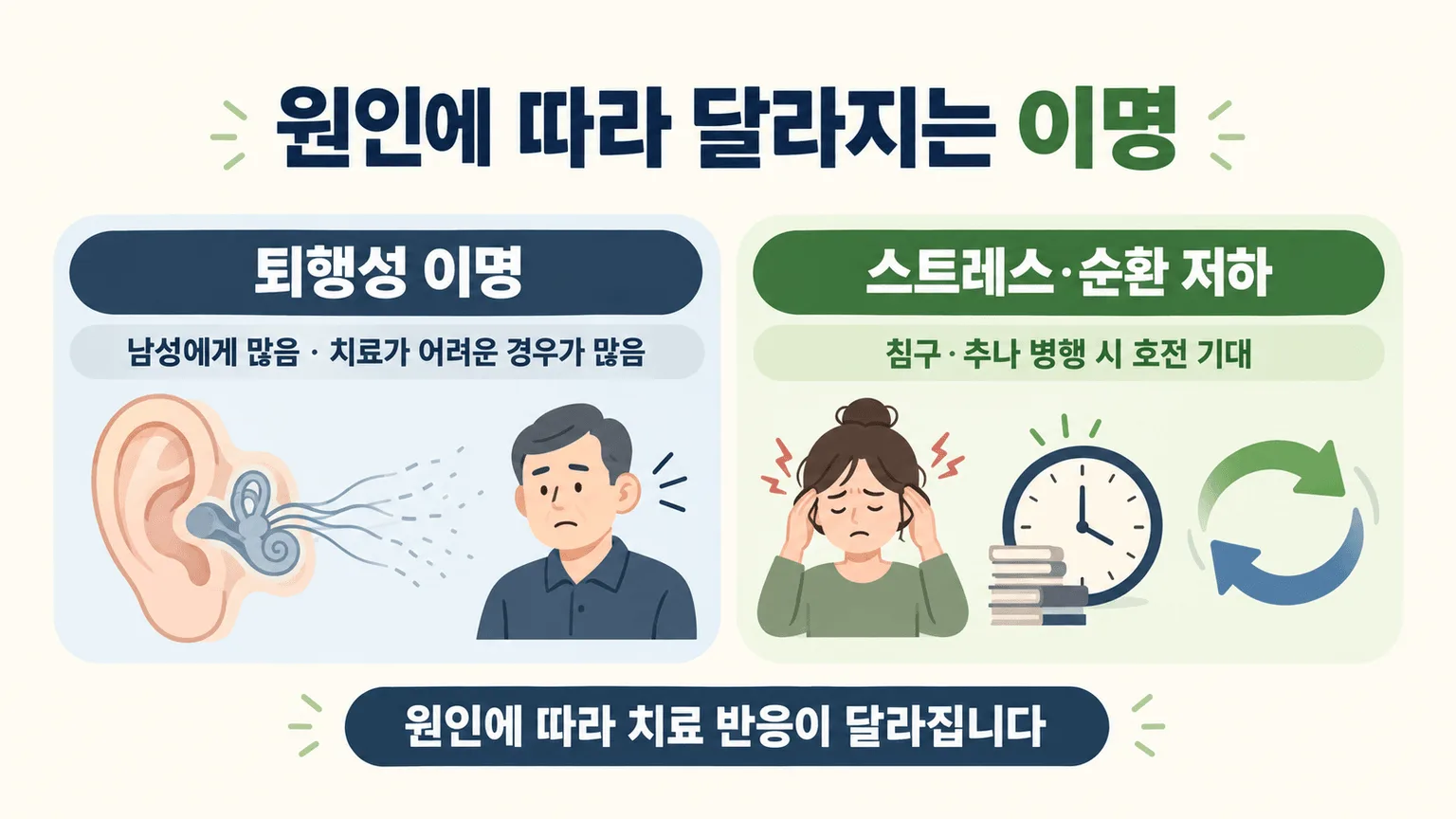 원인에 따라 달라지는 이명 비교 인포그래픽
