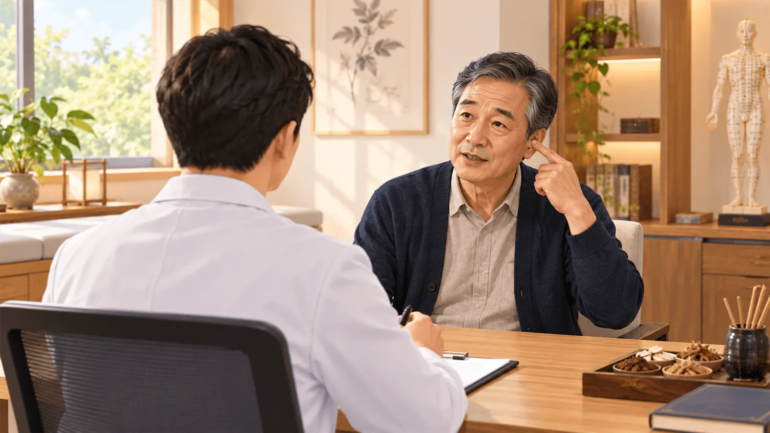 원장이 이명 환자와 상담하는 모습