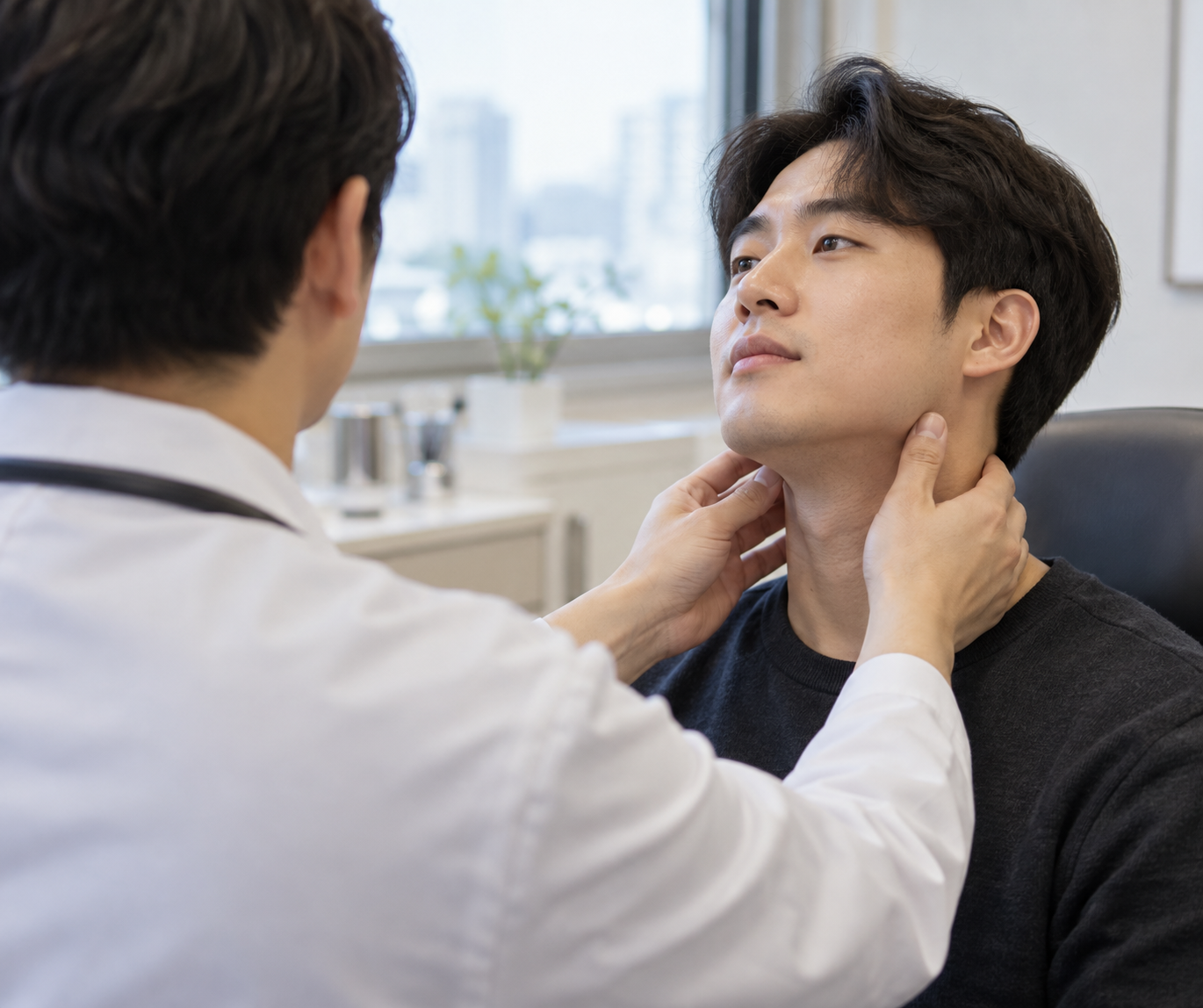 한의사가 환자의 턱과 목 주변을 촉진하는 모습