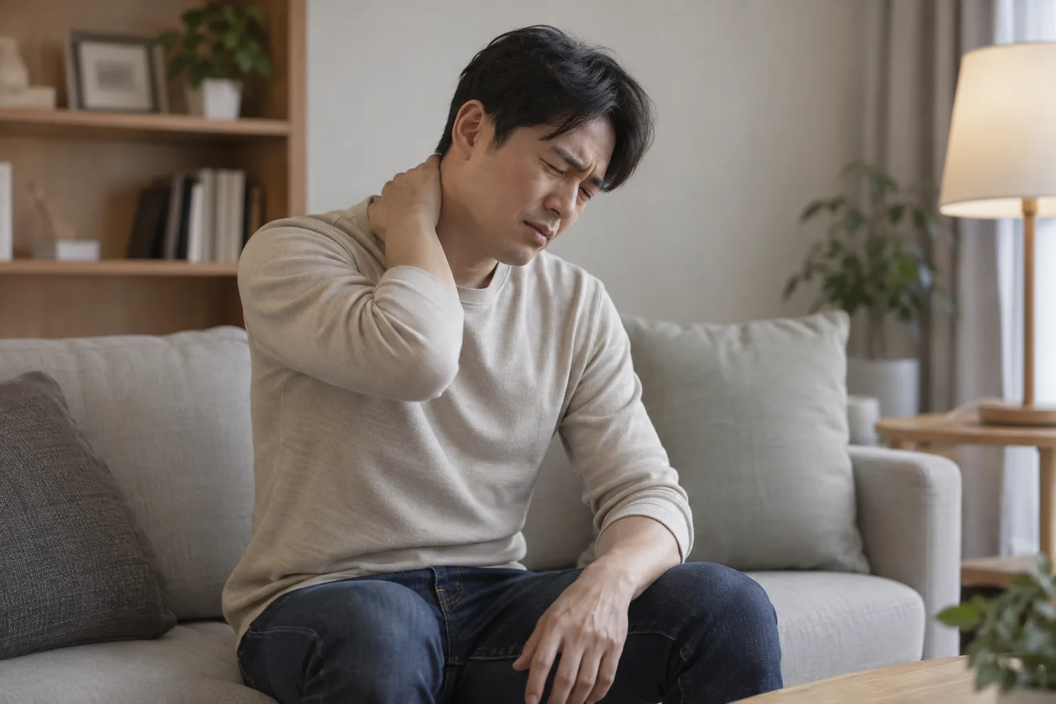 사고 후 목과 어깨 통증을 느끼는 모습