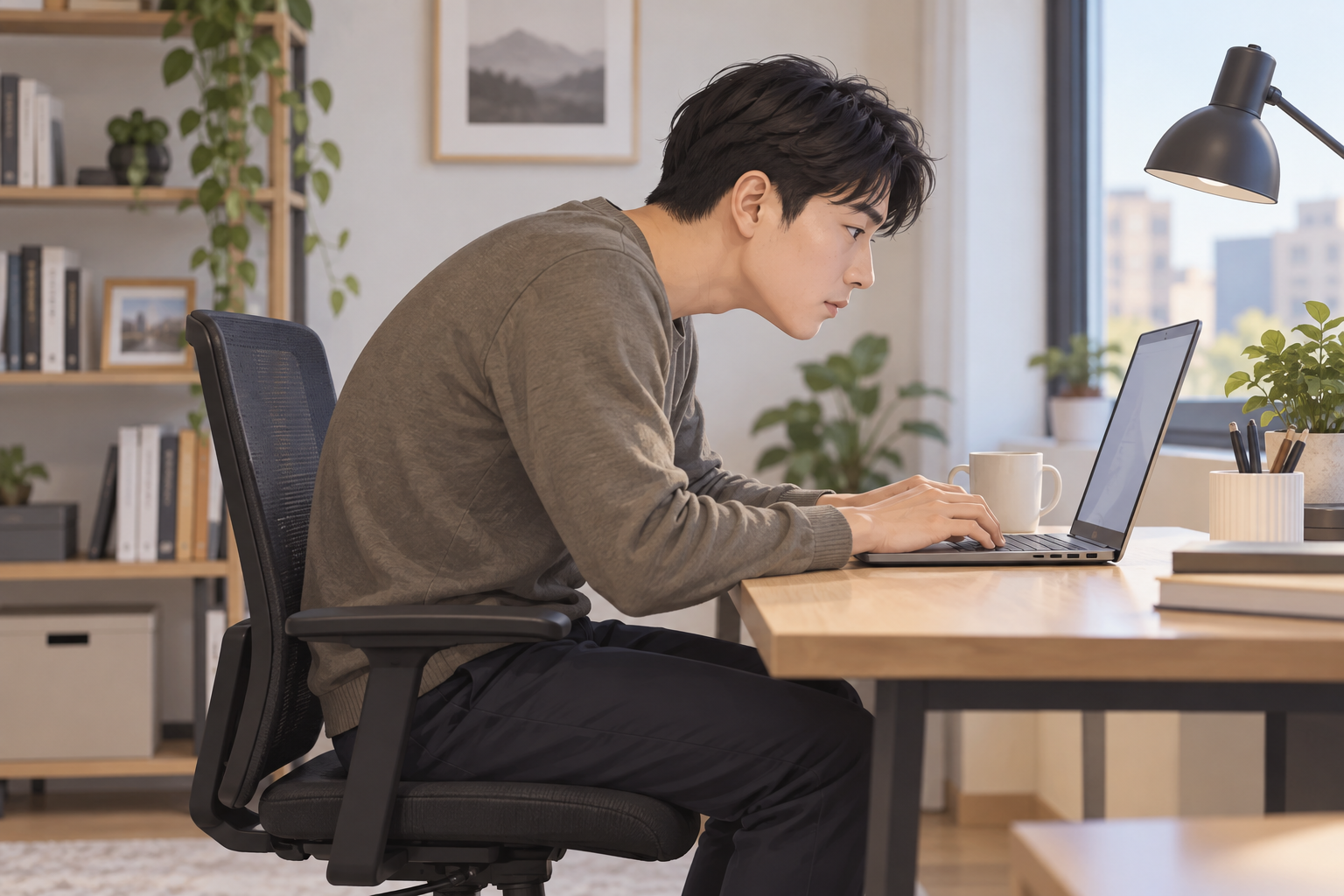 나쁜 자세로 앉은 성인