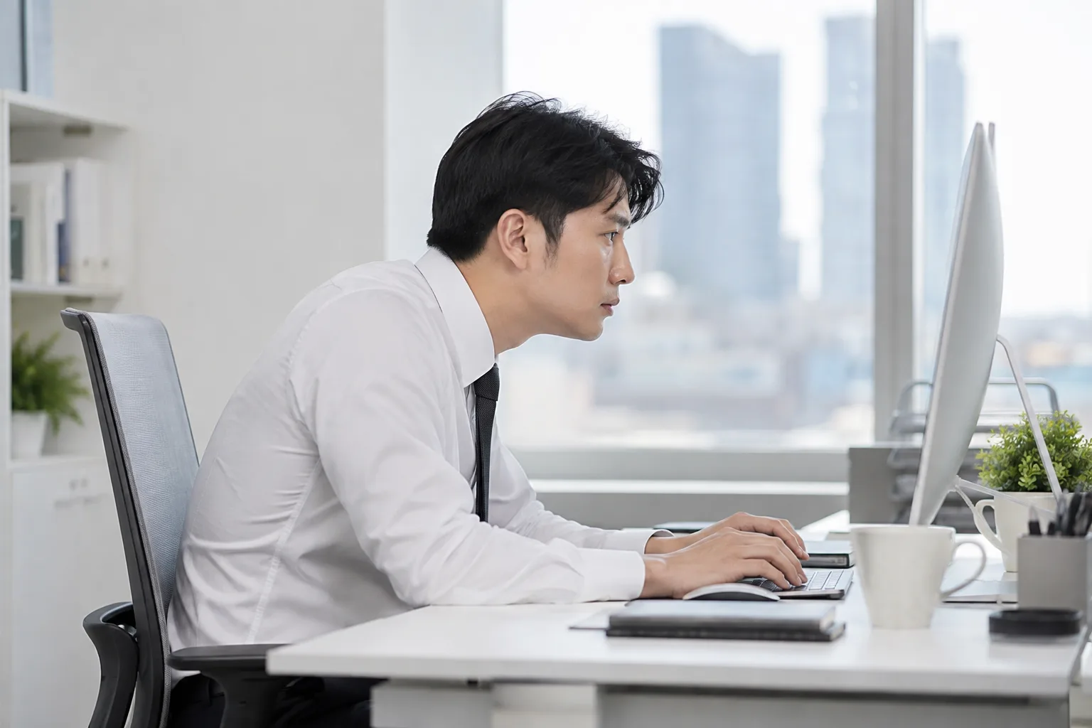 거북목 자세로 컴퓨터를 사용하는 모습