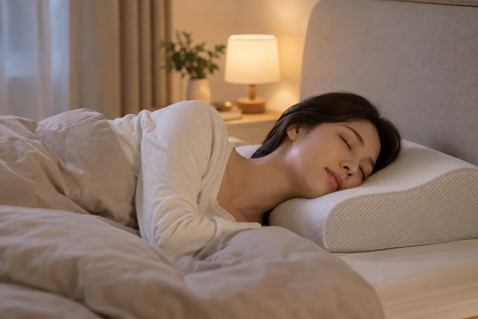 적절한 베개로 편히 눕는 모습