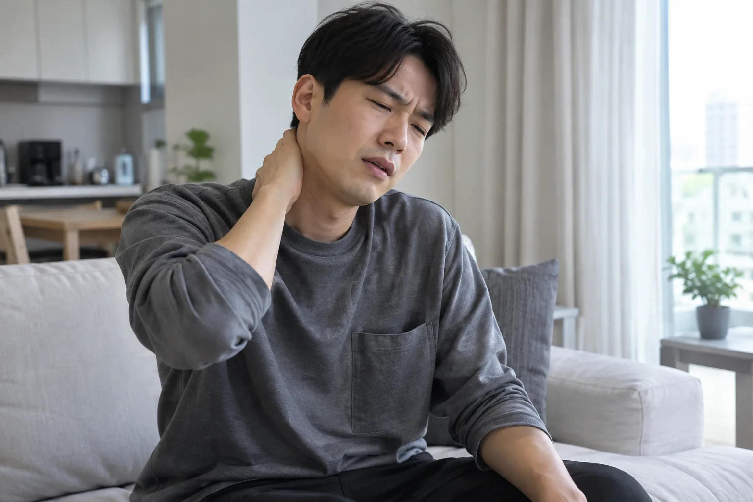 교통사고 후 목과 어깨 통증을 느끼는 모습