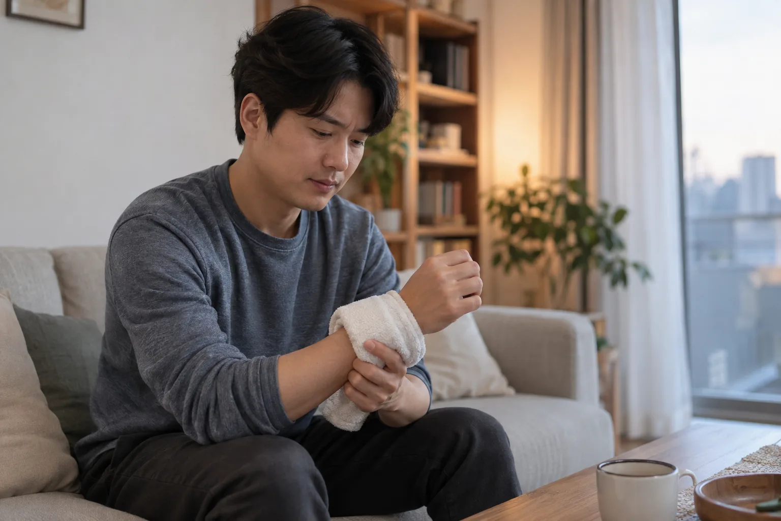 따뜻한 수건으로 찜질하는 모습