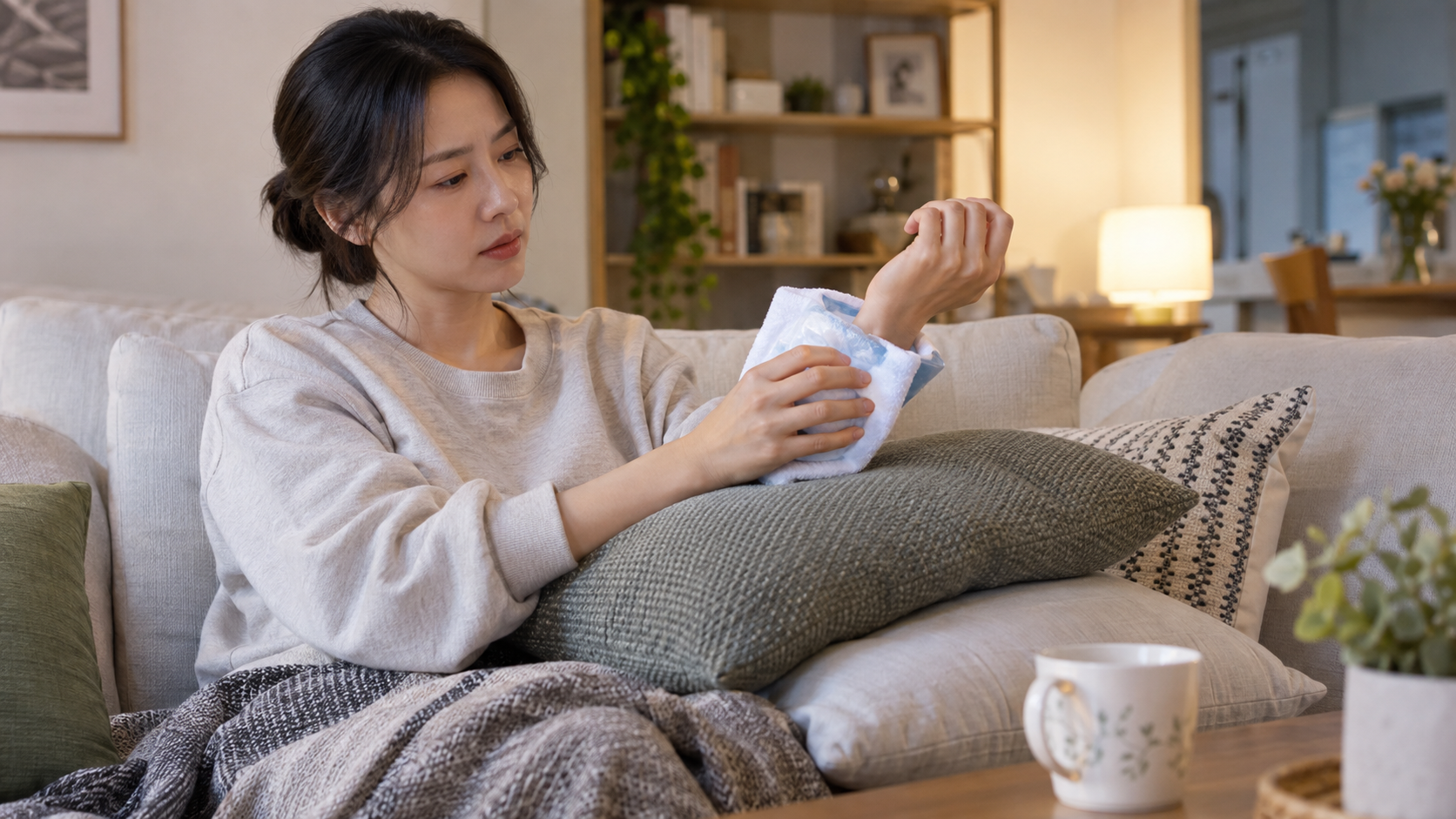 얼음찜질과 손목 거상으로 응급처치하는 모습
