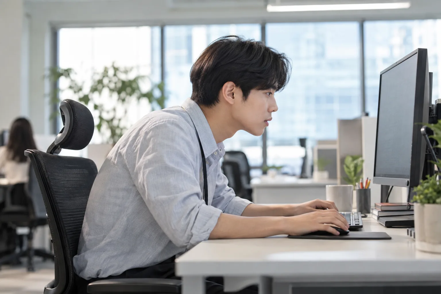 책상에서 거북목 자세로 업무를 보는 모습