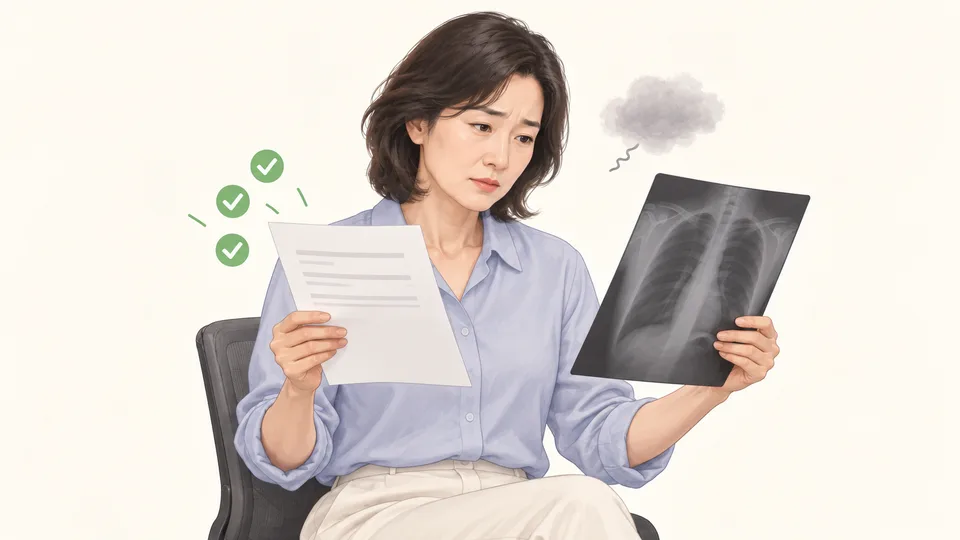 정상 표시가 된 검사지와 엑스레이를 보며 여전히 불편해하는 여성