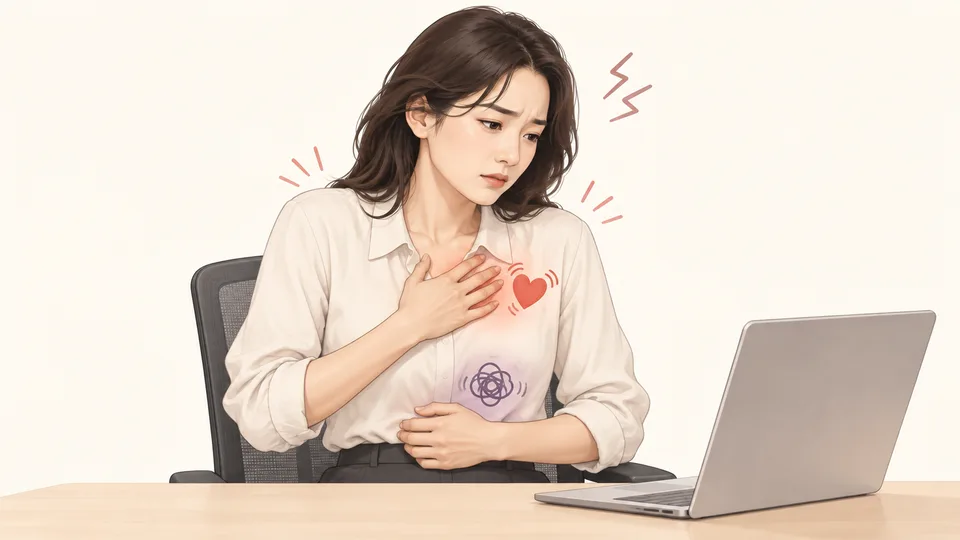 노트북 앞에서 가슴과 배를 짚은 직장인과 두근거림·두통 반응 기호