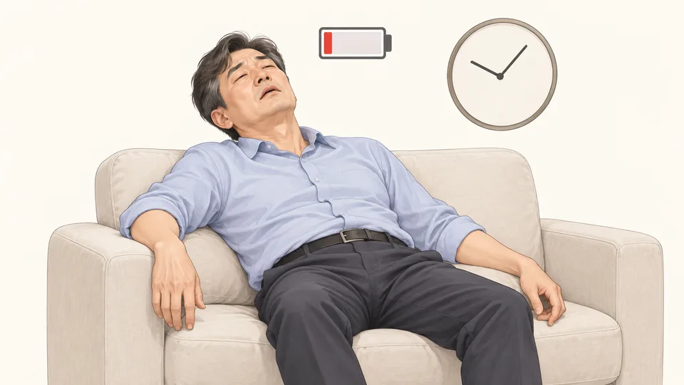 소파에 축 늘어진 남성과 거의 빈 배터리 표시