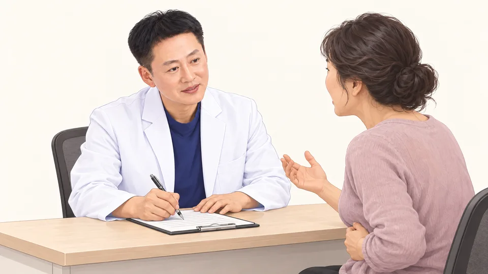 김제명 원장이 환자의 이야기를 들으며 설문지에 기록하는 문진 장면