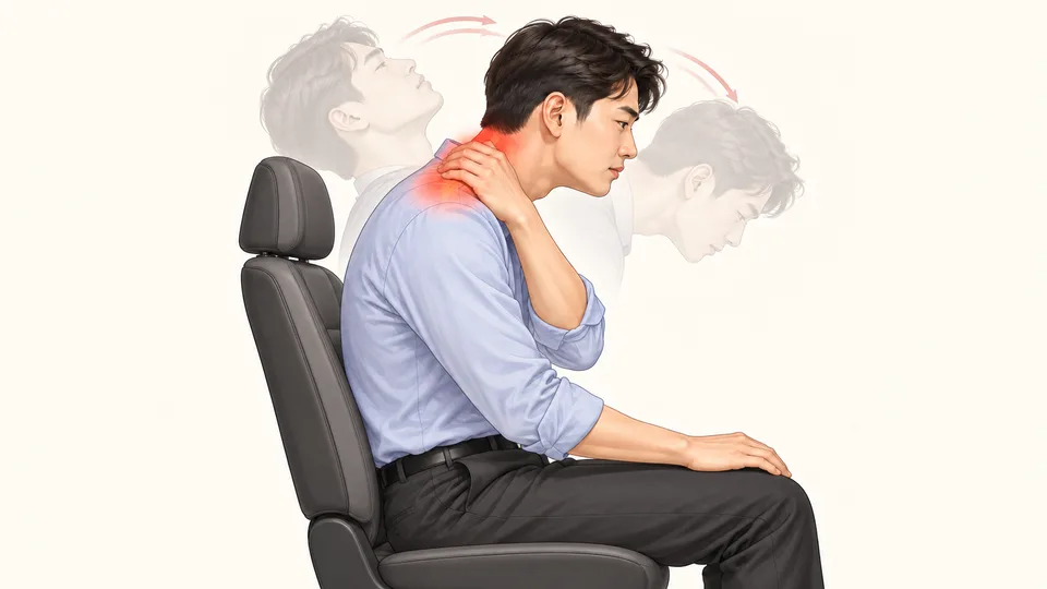 추돌 순간 목이 앞뒤로 흔들린 뒤 뒷목을 잡은 운전자, 목과 어깨 통증 표시
