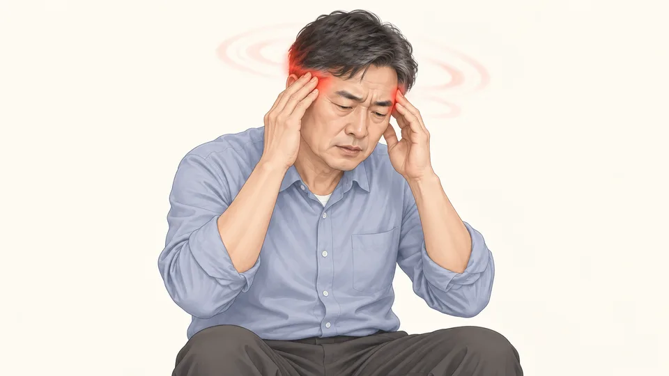 양손으로 관자놀이를 누른 남성과 어지럼 표시