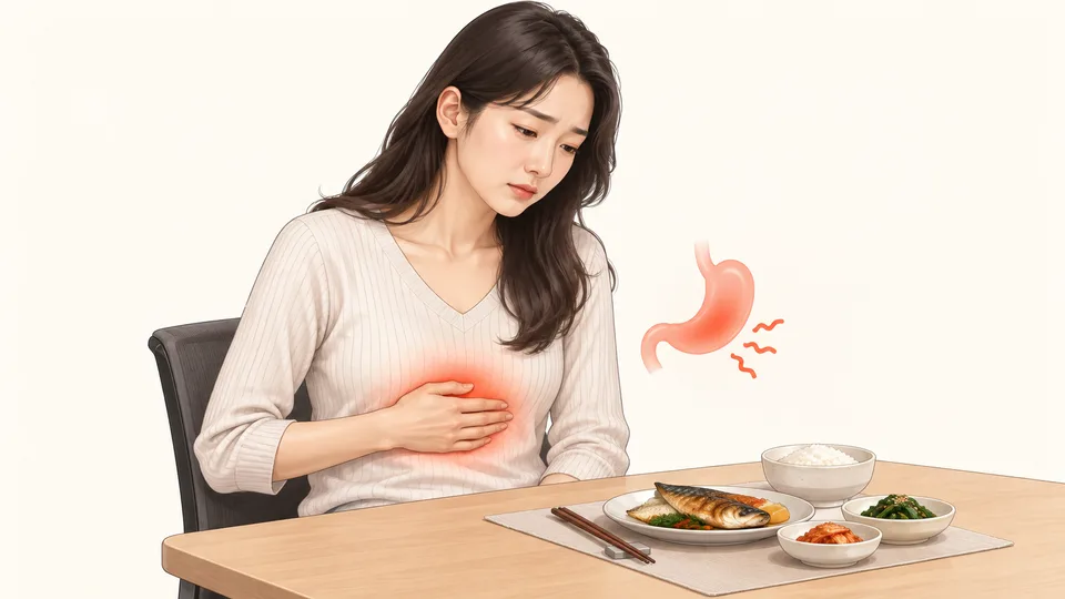식사를 앞에 두고 명치를 짚은 여성