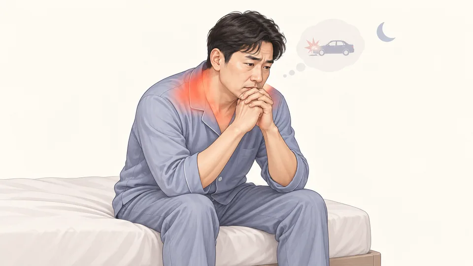 밤에 침대에 앉아 사고 장면을 떠올리며 잠들지 못하는 남성