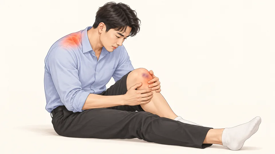 부딪힌 무릎과 어깨를 짚은 남성, 타박 부위 표시