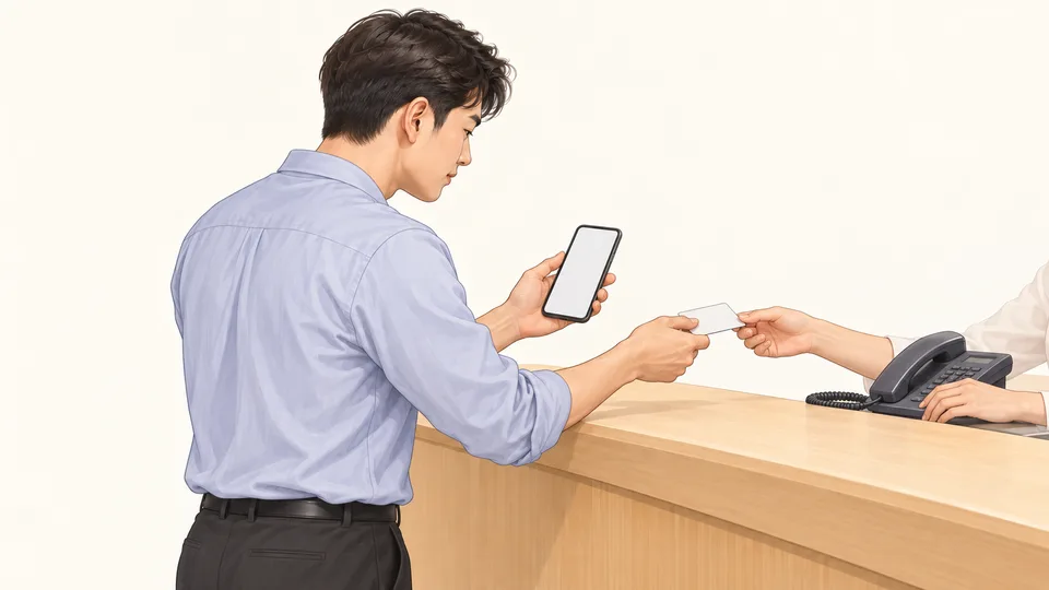 접수대에서 보험 접수번호와 신분증을 건네는 환자