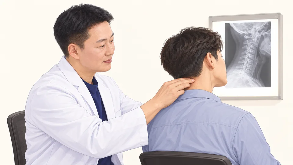 김제명 원장이 옆모습으로 환자의 뒷목을 촉진하며 엑스레이를 함께 보는 장면