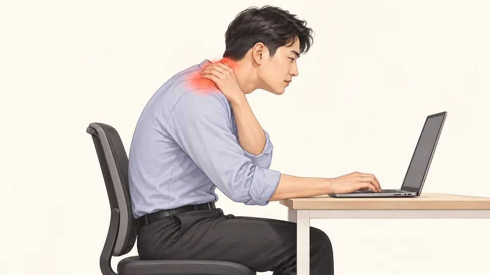 노트북 앞에서 고개가 앞으로 빠진 자세로 뒷목과 어깨를 짚은 직장인의 옆모습