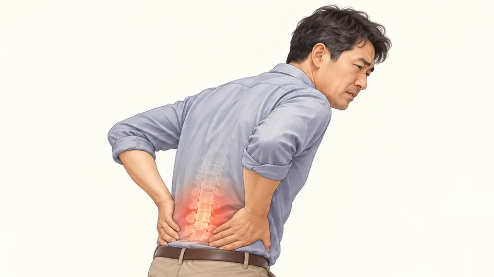 두 손으로 허리를 짚고 약간 숙인 남성, 허리뼈 부위 통증 표시