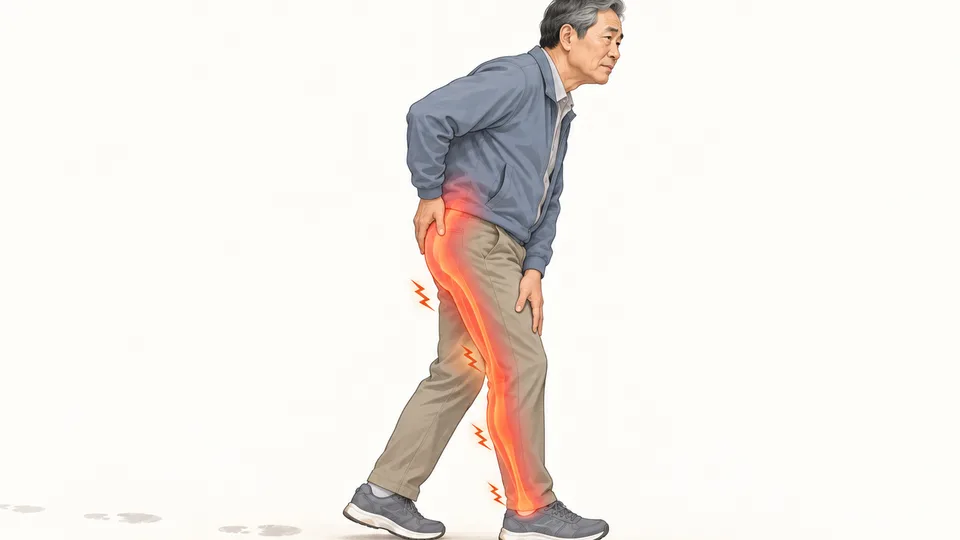 걷다 멈춰 엉치를 짚은 60대 남성, 엉치에서 다리로 내려가는 저림 표시