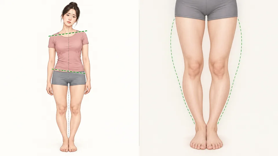 어깨선과 골반선이 반대로 기운 비대칭 자세와 무릎 사이가 벌어진 O자형 다리